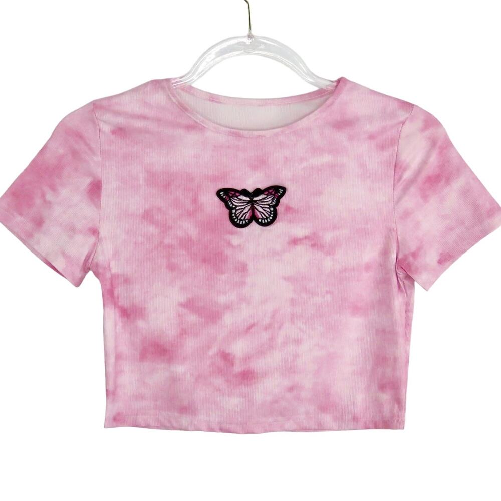 Cider 8 Birdies Y2k Pink Tie Dye Embroidered Butterfly Crop Top Medium